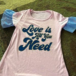 Love Is All You Need shirt. size: medium in kids. brand: SO. color: pink, blue.